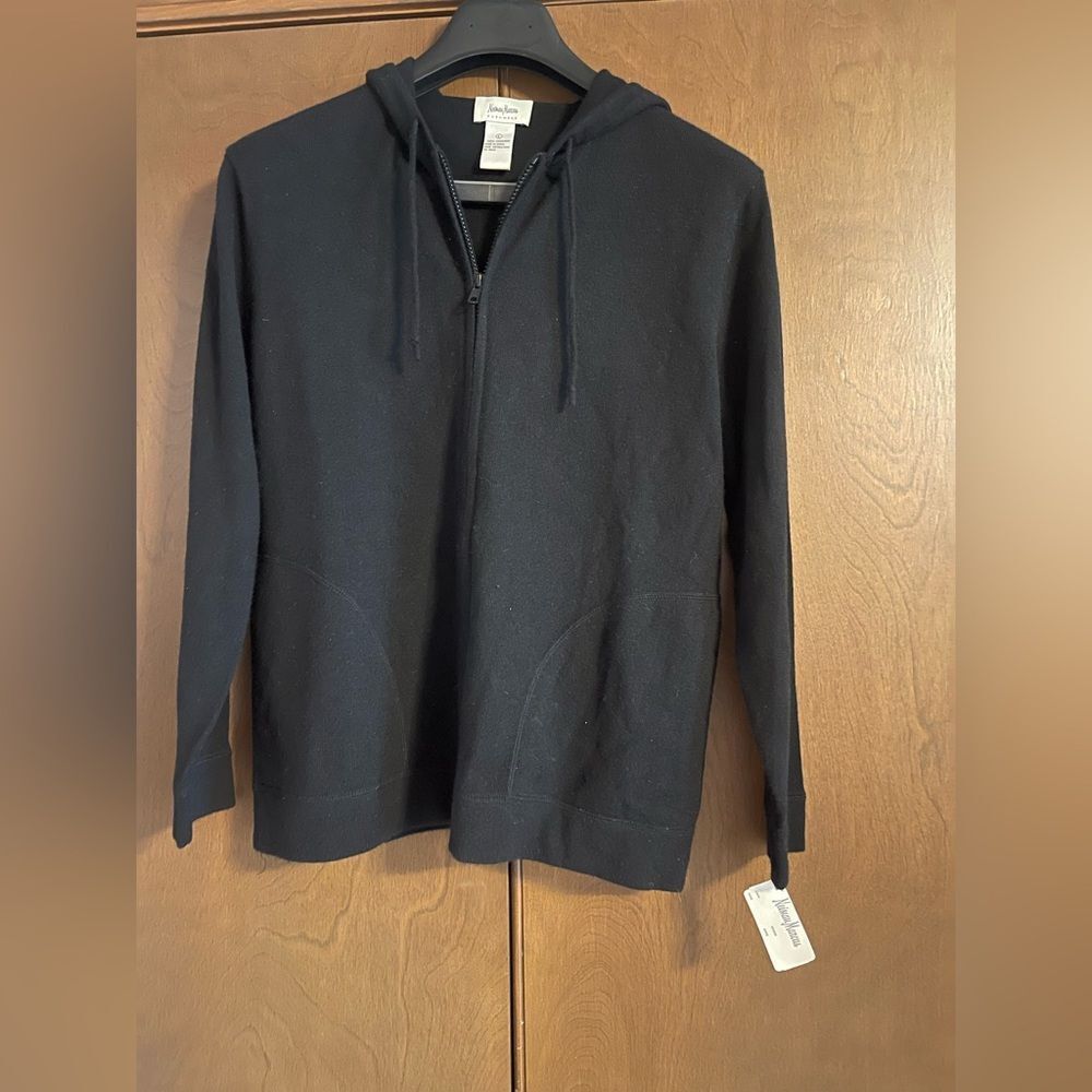 Neiman Marcus Black Zip Up Sweater with Hood